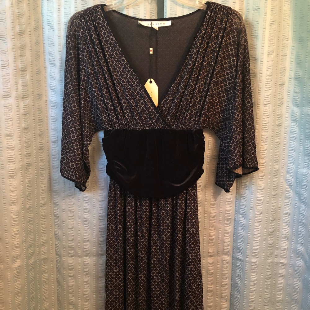 NWT Studio M Black Deep V Gathered Waist Asymmetric Dress Medium